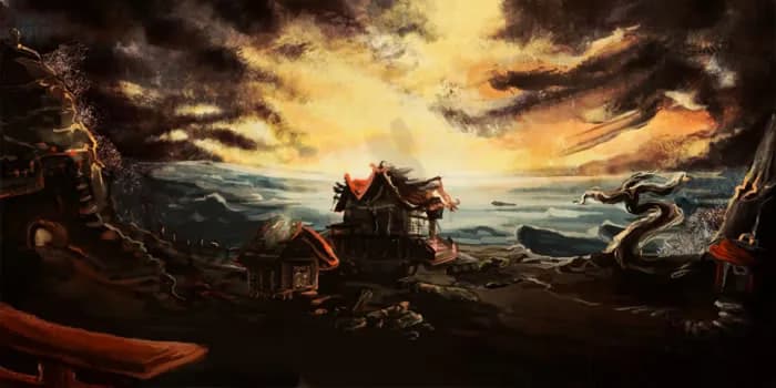 Painterly scene: weathered red-roofed shrines on a rocky coast at dusk, storm clouds parting into golden light over the sea