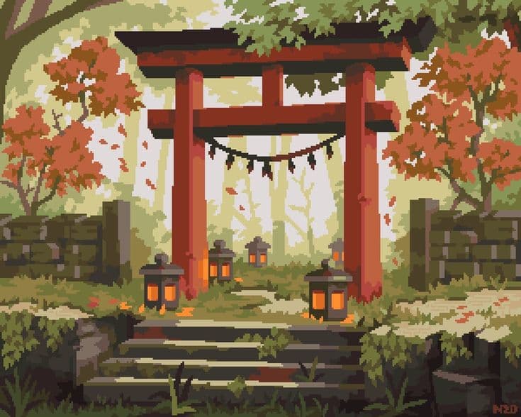 Pixel art: a red torii gate at the top of mossy stone steps in an autumn forest, with warm light from stone lanterns and falling orange leaves